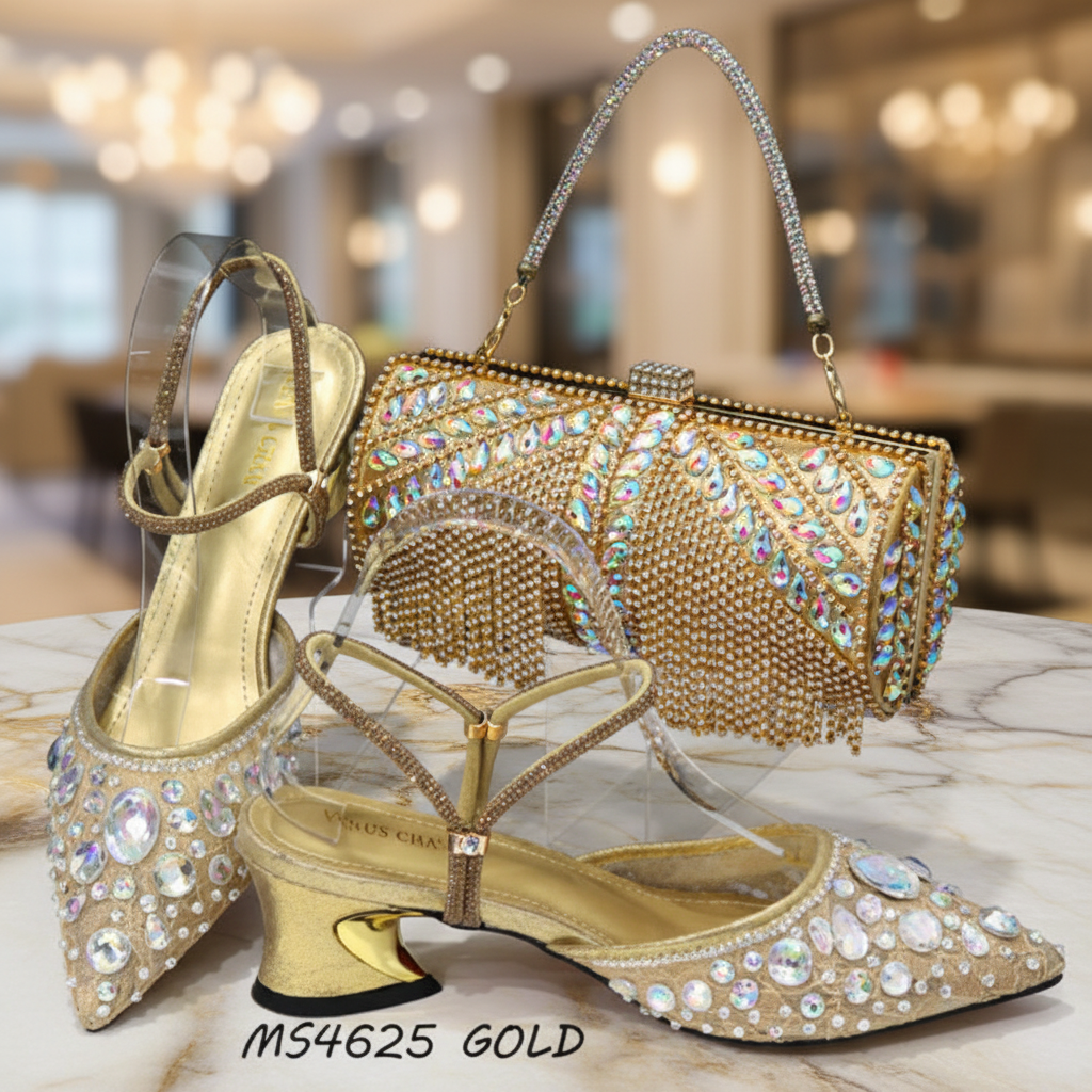 Embellished shoes and a coordinating clutch.